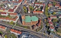 SZCZECIN, POLAND - 08 APRIL 2019 - Aerial view on Szczecin city, area of Grodzka street. City center. The Cathedral Basilica of St