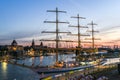 Szczecin, Poland, 7 august 2017: Panorama of the quay in Szczecin during the finale of The Tall Ships Races 2017 by night.