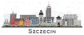 Szczecin Poland city skyline with color buildings isolated on white. Szczecin cityscape with landmarks. Business travel and