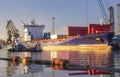 Szczecin,Poland-December 2018:crew of barge laying a pipeline in the port of Szczecin, Poland