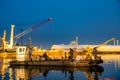 Szczecin,Poland-December 2018:crew of barge laying a pipeline in the port of Szczecin, Poland