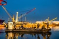 Szczecin,Poland-December 2018:crew of barge laying a pipeline in the port of Szczecin, Poland