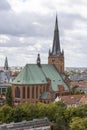 Aerial view of Szczecin Cathedral, view of the clock tower, Szczecin, Poland