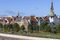 View of townhouses on Piastowski Boulevard, in the background a tower of Szczecin Cathedral, Szczecin, Poland