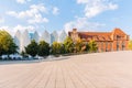 Szczecin. Solidarity Square with a memorial monument and modern architecture of the Szczecin Philharmonic. August 2019