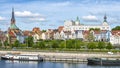 Szczecin Stettin, Poland - 12th of May 2019: Panoramic view of an Oder riverside with Pomeranian Dukes` Castle on a sunny day