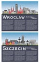 Szczecin and Wroclaw Poland City Skyline set with Color Buildings, Blue Sky and copy space. Cityscape with Landmarks