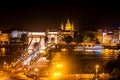 Szechenyi Chain Bridge on Danube river at night. Royalty Free Stock Photo