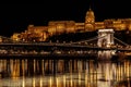 Szechenyi Chain bridge over Danube river in Budapest, night illumination Royalty Free Stock Photo