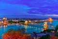 Szechenyi Chain Bridge and Parliament at dusk from Fisherman Bastion. Budapest, Hungary. Royalty Free Stock Photo