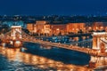 Szechenyi Chain Bridge view from Buda Hill at dusk. Budapest, Hungary Royalty Free Stock Photo