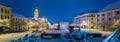 Szechenyi square at snowy night in winter in Pecs, Hungary