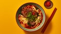 Szechuan Beef Noodle Soup - Top View Food Photography On Bright Yellow Background