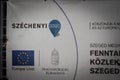 SZEGED, HUNGARY - SEPTEMBER 19, 2022: Logo of Szechenyi 2020 on a reconstruction program in Szeged. Szechenyi 2020 is a funding