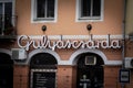 SZEGED, HUNGARY - SEPTEMBER 18, 2022: Selective blur on a gulyascsarda sign on a traditional goulash restaurant. Hungarian gulyas Royalty Free Stock Photo