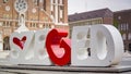 The Szeged Sign at the Cathedral Square at the Votive Church and Cathedral of Our Lady of Hungary, Dom in Szeged