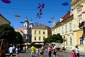 Szekesfehervar, Hungary. streetscape. in downtown area. preparations for the King\'s day of the Aug. 20th holiday