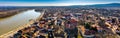 Szentendre, Hungary - Aerial panoramic view of the city of Szentendre on a sunny day with Belgrade Serbian Orthodox Cathedral