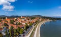 Szentendre, Hungary - Aerial panoramic view Szentendre on a sunny summer day with Danube riverside, Saint Peter and Paul Church Royalty Free Stock Photo