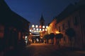 SZENTENDRE, HUNGARY - July 23, 2019 - Night view on the arty illuminated city centre of Szentendre