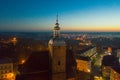 Szprotawa, a city in Poland, a view of the market square and the church tower next to the church of the Assumption.