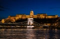 Szechenyi Chain Bridge and Buda Castle by night in Budapest Hungary