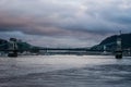 SzÃÂ©chenyi LÃÂ¡nchÃÂ­d, Chain Bridge with a lion statue at the bridgehead Royalty Free Stock Photo