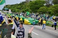 Several patriots protesters open the green and yellow flag on the road dutra BR-116