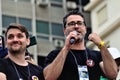 Humorist Paulo Souza from the Hypocrites channel on the podium speaking at the demonstration for the auditable printed vote