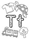 Alphabet T Coloring Page with cute object like turtle