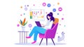 llustration of a woman sitting on a pink chair using a laptop. Royalty Free Stock Photo
