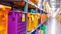 The perspective shows a blurred, long view down the aisle, depicting an organized storage system. Royalty Free Stock Photo