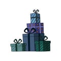 Festive Christmas gifts with ribbons and decorations. Bright and colorful holiday illustration perfect for greeting cards Royalty Free Stock Photo