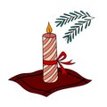 Festive Christmas candle with red ribbon and holiday decorations. Warm and cozy winter illustration. Royalty Free Stock Photo
