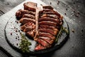 T-bone grilled beef steak. Dry Aged Barbecue Porterhouse Steak. Medium rare. American cuisine. Long banner format, top view Royalty Free Stock Photo