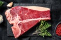 T bone steak in a pan. Organic raw Tbon beef. Black background. Top view