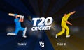 T20 Cricket Banner Design With Faceless Batsman, Bowler Player Of Participating Team A VS B On Blue And Brown Rays