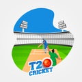 T20 Cricket Match Poster Design With Bowler Throwing Ball To Batsman On Abstract Stadium Royalty Free Stock Photo