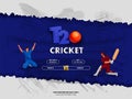 T20 Cricket Match Between Team A VS B With Cartoon Batsman, Bowler Player In Action Pose On Torn Paper Gray And Blue Royalty Free Stock Photo