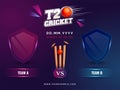 T20 Cricket Match Between Team A VS B With Empty Shield, Red Ball Hitting Wicket Stump On Gradient Purple And Blue Criss Cross Royalty Free Stock Photo