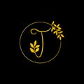 T Gold letter and Gold Leaf logo design. T Letter golden initial luxury Boutique Nature Floral Flower. T Monogram vector design