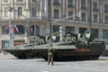 T-15 infantry fighting vehicle on the Armata platform with the new 57-mm combat module `Dagger` on Tverskaya street in Moscow duri Royalty Free Stock Photo