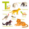 T letter animals set. English alphabet. Vector illustration Royalty Free Stock Photo