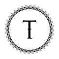 T letter in circle frame in floral ornament style on black color and white background