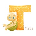T letter and cute turtle baby animal. Zoo alphabet for children education, home or kindergarten decor cartoon vector Royalty Free Stock Photo