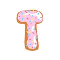 T letter in the shape of sweet glazed cookie, bakery edible font of English alphabet vector Illustration on a white