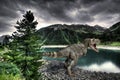 T-Rex dinosaur on a lake shore. 3D illustration