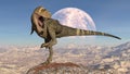 T-Rex Dinosaur, Tyrannosaurus Rex reptile stomping on rock, prehistoric Jurassic animal in deserted nature environment, 3D