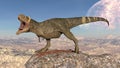 T-Rex Dinosaur, Tyrannosaurus Rex reptile, prehistoric Jurassic animal roaring on cliff in deserted nature environment, 3D