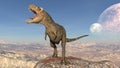 T-Rex Dinosaur, Tyrannosaurus Rex reptile roars on rock, prehistoric Jurassic animal in deserted nature environment, 3D